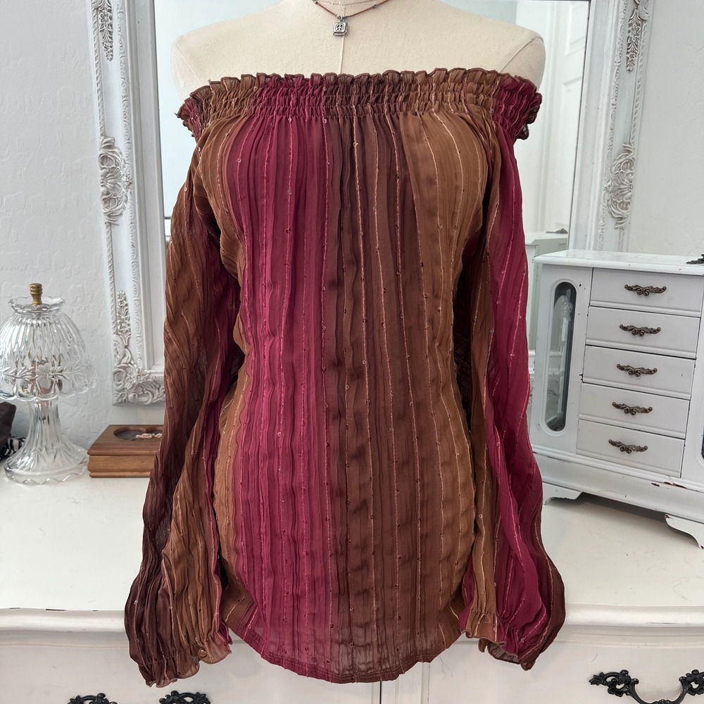 vintage y2k tuscan style brown & pink off shoulder long sleeve top - Picture 2 of 5